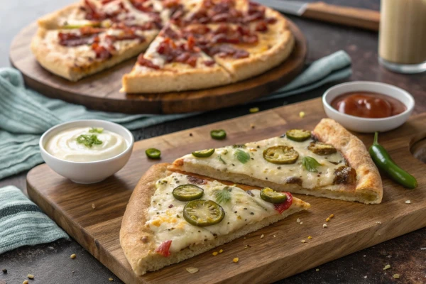 Different variations of pickle pie pizza, including bacon, spicy, and ranch flavors