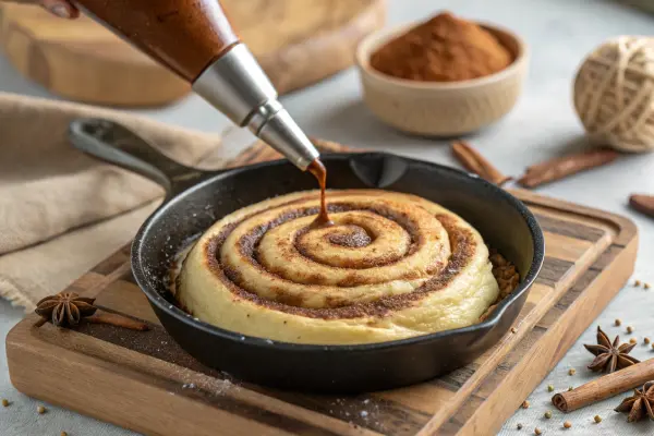 Cinnamon swirl being piped onto pancake batter in a skillet.