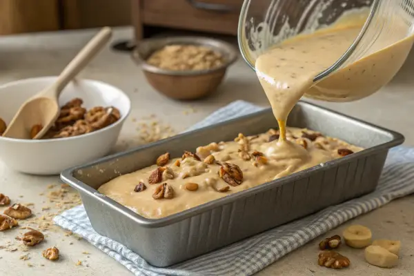 Banana nut bread batter being poured into a greased loaf pan.