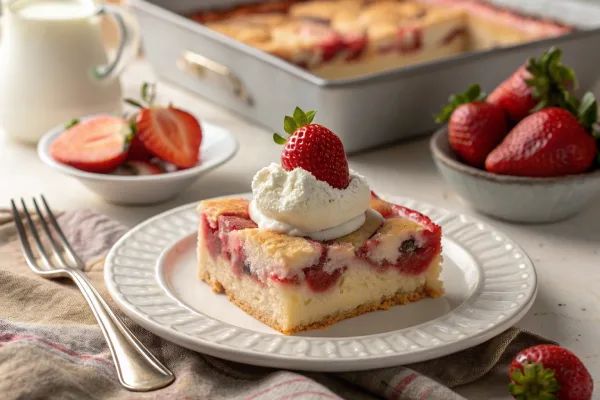 A slice of Strawberry Earthquake Cake served with whipped cream and strawberries.