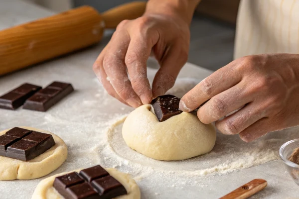 Shaping dough with chocolate filling for buns.