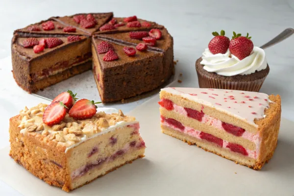 Three variations of Strawberry Earthquake Cake: classic, gluten-free, and keto-friendly.