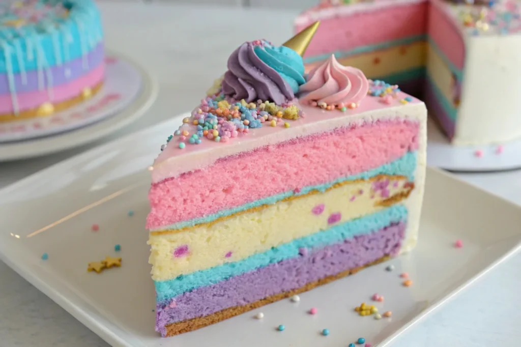 Unicorn cake with pastel layers and edible glitter