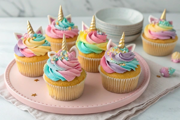 Unicorn cupcakes with swirled frosting and fondant horns