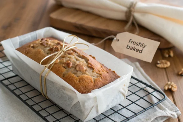 Freshly baked banana nut bread wrapped in parchment paper