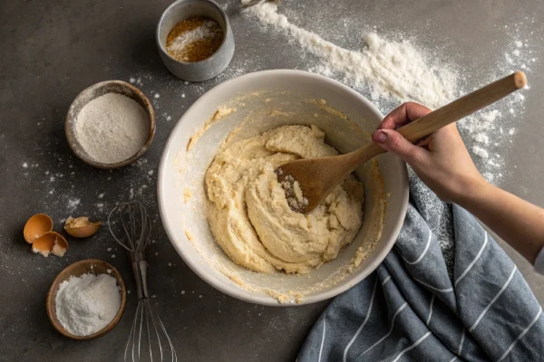 Mixing dough for chocolate chip brioche bread with flour, eggs, and butter