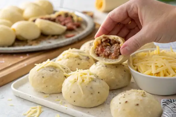 Hand assembling Garlic Parmesan Cheeseburger Bombs by filling biscuit dough with ground beef and cheese