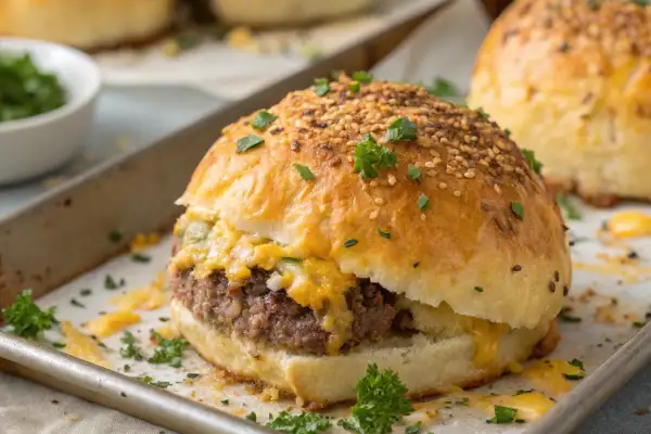 Close-up of a baked Garlic Parmesan Cheeseburger Bomb with a crispy garlic parmesan coating and parsley garnish