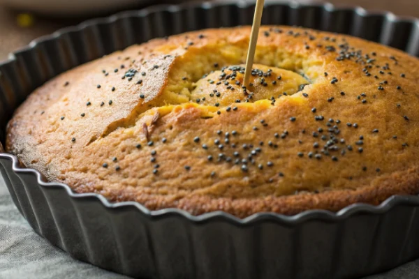 A freshly baked lemon poppy seed cake in a pan, cooling before being served