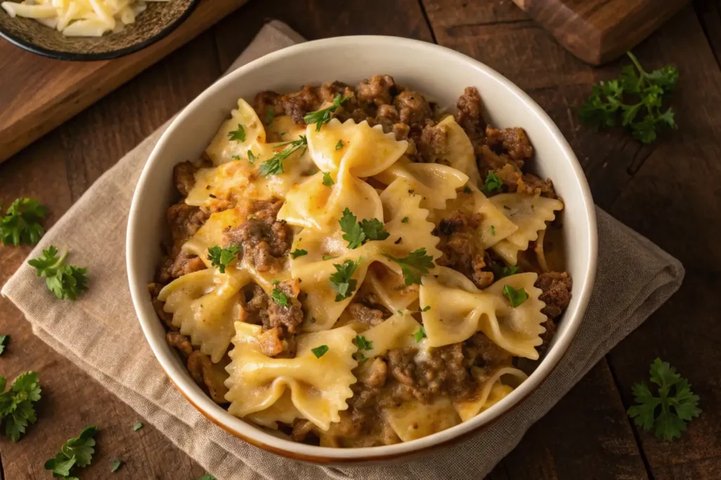 Cheesy Beef and Bowtie Pasta