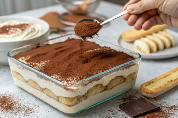 Close-up of Eggless Tiramisu assembly showing layered coffee-soaked ladyfingers and mascarpone cream in a glass dish