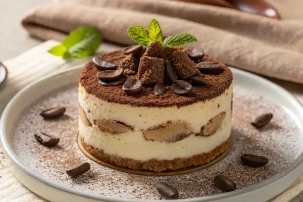 Elegant serving of Eggless Tiramisu on a plate with layered textures, cocoa dusting, chocolate curls, mint garnish, and an espresso cup