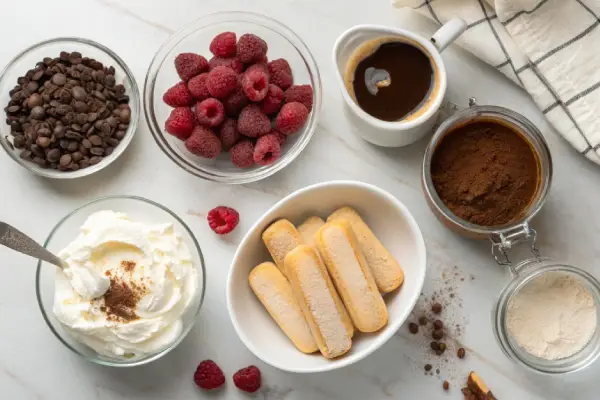 Overhead view of ingredients for Eggless Tiramisu including mascarpone, ladyfingers, strong coffee, cocoa powder, whipped cream, powdered sugar, and vanilla extract