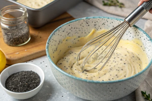 Mixing lemon poppy seed cake batter in a bowl, ready to be poured into the cake pan