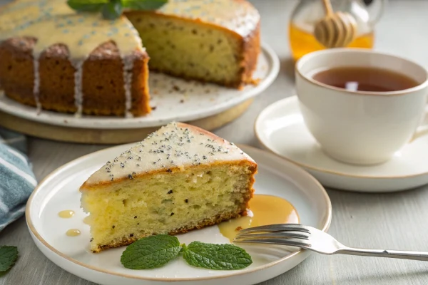 A slice of lemon poppy seed cake served with tea and a drizzle of honey.