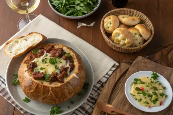 Overhead shot of Cheesy Beef and Bowtie Pasta served in a bread bowl with arugula salad, garlic knots, a wine glass, and neatly arranged leftovers in airtight containers and freezer bags