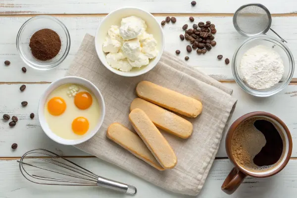 Flat lay of tiramisu ingredients including mascarpone, egg yolks, sugar, heavy cream, coffee, ladyfingers, vanilla extract, and cocoa powder arranged on a wooden table.