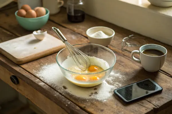 Candid homemade-style image showing a mixing bowl with egg yolks and sugar being whisked in a rustic kitchen, with mascarpone and coffee visible.