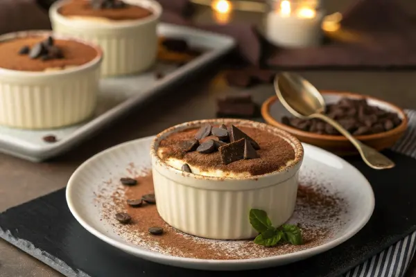 Elegant presentation of tiramisu in individual ramekins with a dusting of cocoa powder and chocolate shavings on a stylish plate.